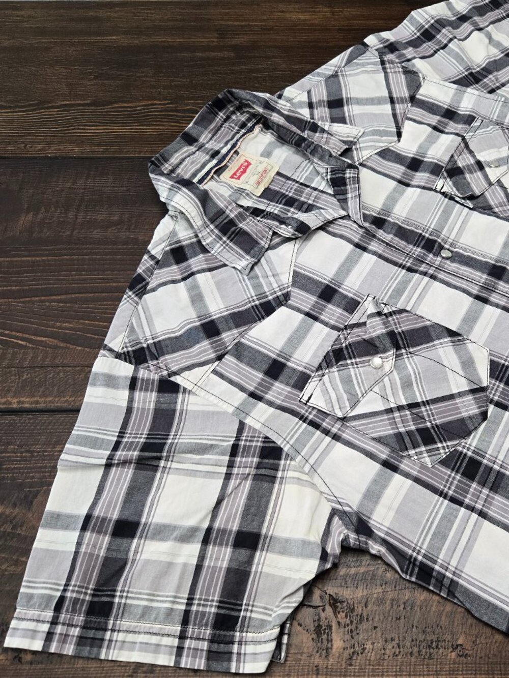 Levi's Shirt Mens XL Black White Plaid Pearl Snap Short Sleeve Western